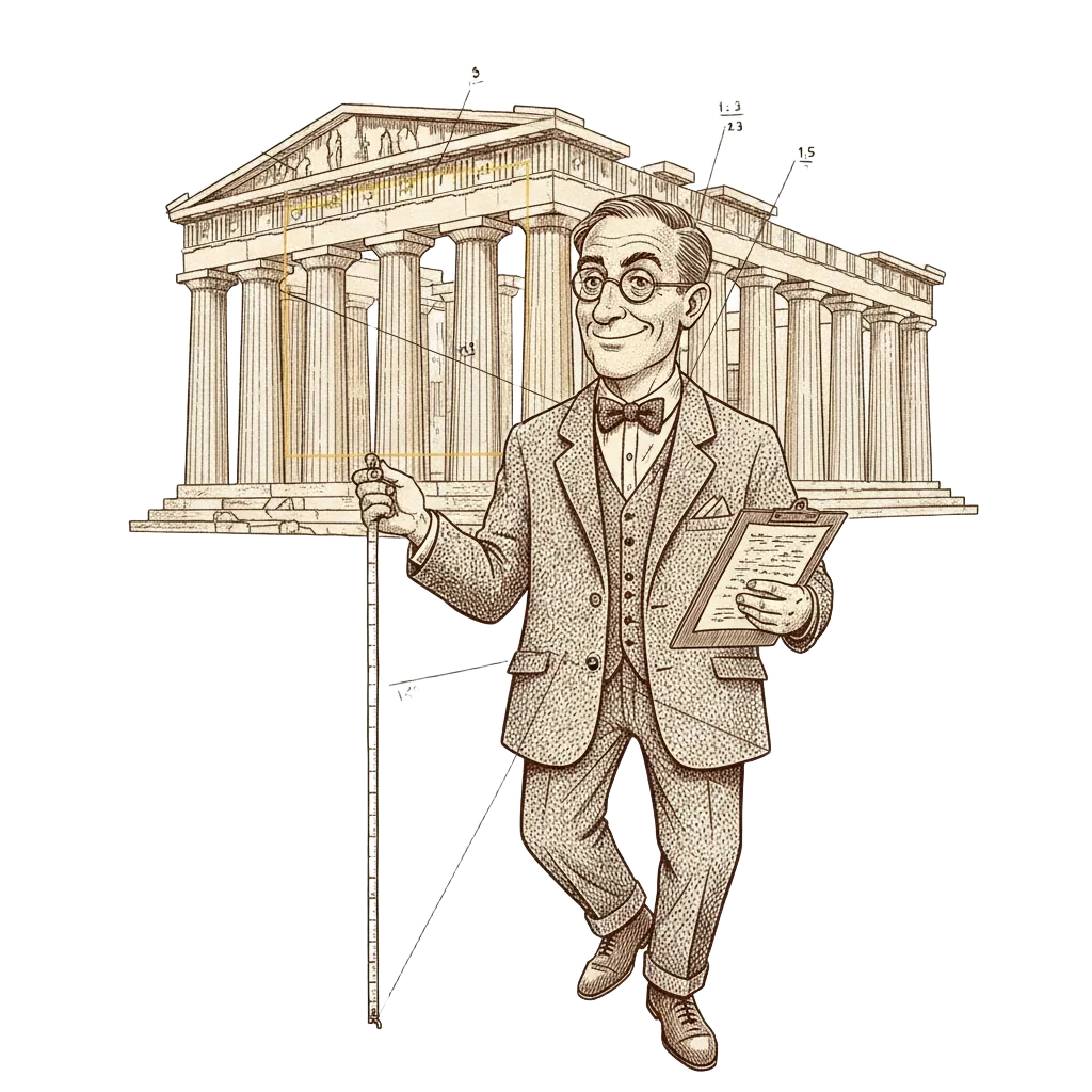A professor with a tape measure stands before a large drawing of the Parthenon; a golden rectangle is drawn over it with the temple visibly poking out at the edges, and dozens of alternative measurement lines criss-cross the building