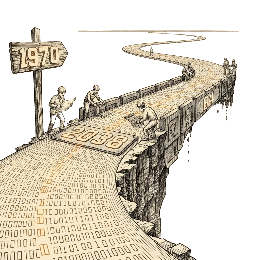 Ink illustration of a road made of binary digits stretching from a 1970 signpost toward a cliff at 2038, where engineers build a wide bridge labelled 64