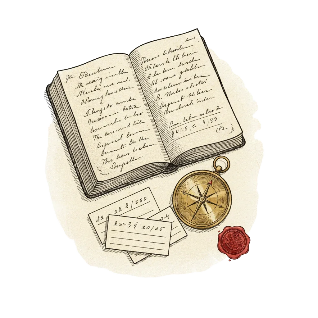 An open notebook with handwritten numbers and a brass compass on a reading desk