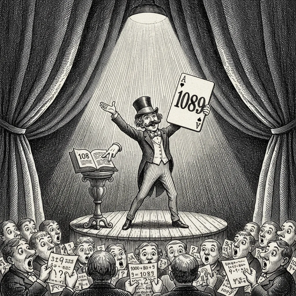 A magician on a small stage reveals a card marked 1089 while an astonished audience clutches scraps of paper covered in arithmetic