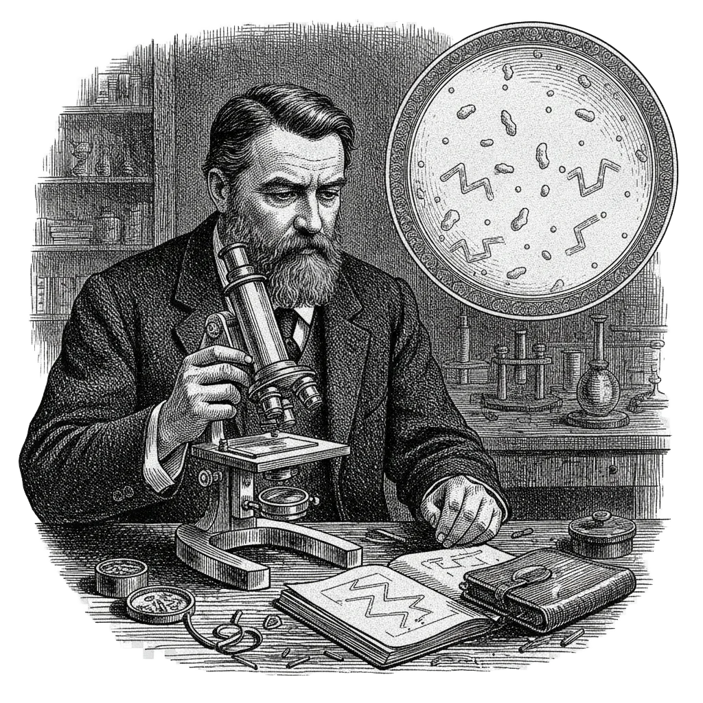Jean Perrin peering through a brass microscope in a Paris laboratory, with an inset showing dancing grain particles and hand-drawn zig-zag paths in notebooks