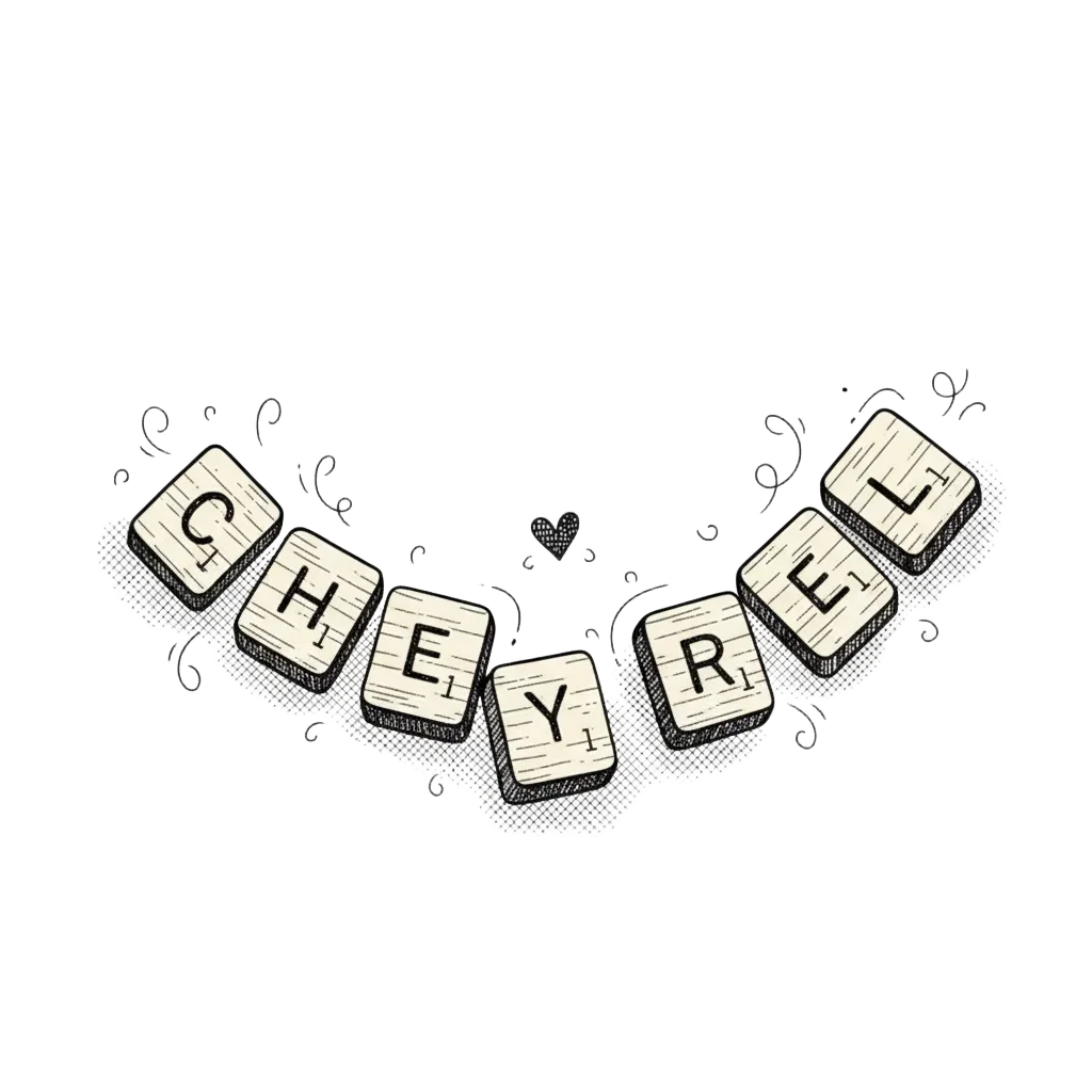 The letters C-H-E-R-Y-L tumbling and rearranging themselves into L-Y-C-H-R-E-L with a tiny heart