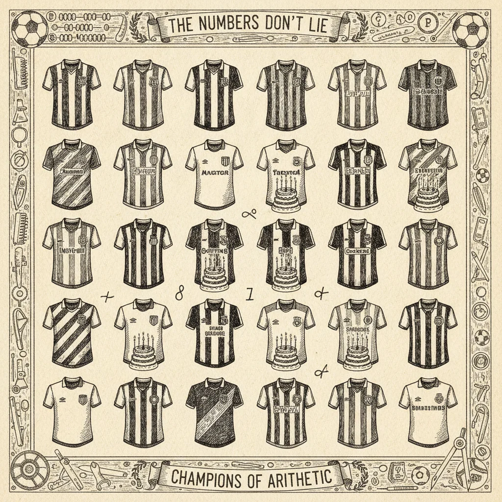 Ink illustration of 32 football team shirts in a grid display. 16 shirts are marked with matching pairs of birthday cakes. Five of those shirts carry two pairs each.