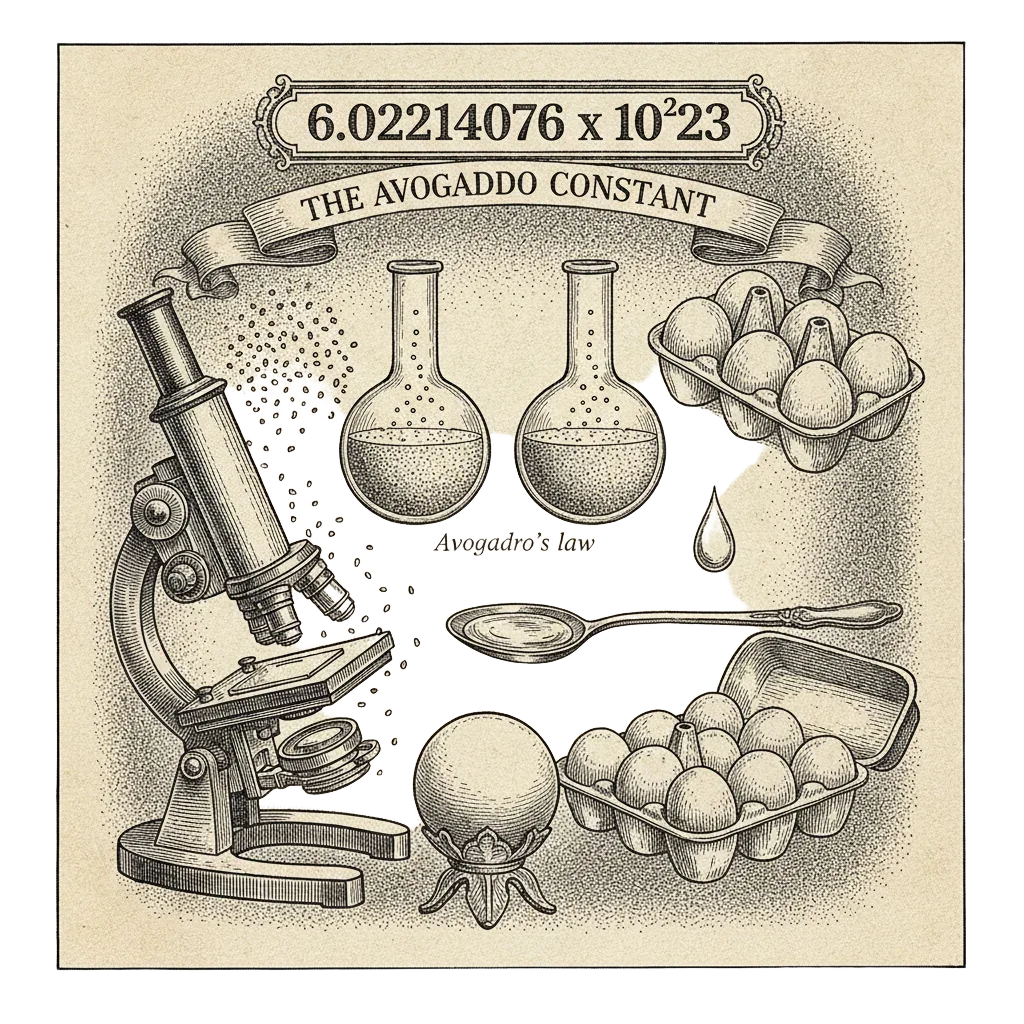 A final recap illustration showing Avogadro's two flasks, Perrin's microscope and dancing grains, a carton of eggs beside a spoon of water, the silicon sphere, and the locked digits 6.02214076 times ten to the 23