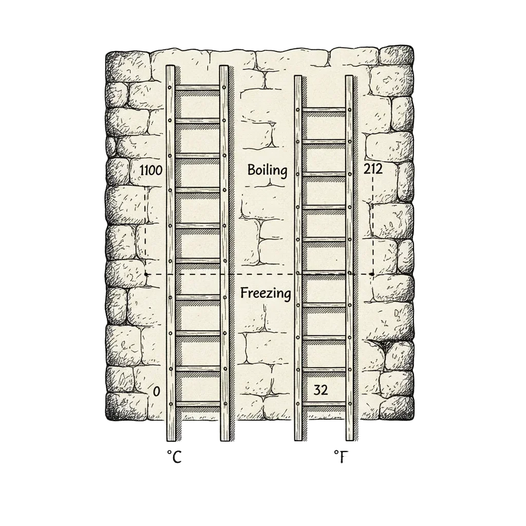 Two wooden ladders leaning against a tall wall, the left labeled °C with wide rungs at 0 and 100, the right labeled °F with narrow rungs at 32 and 212, with horizontal lines showing freezing and boiling