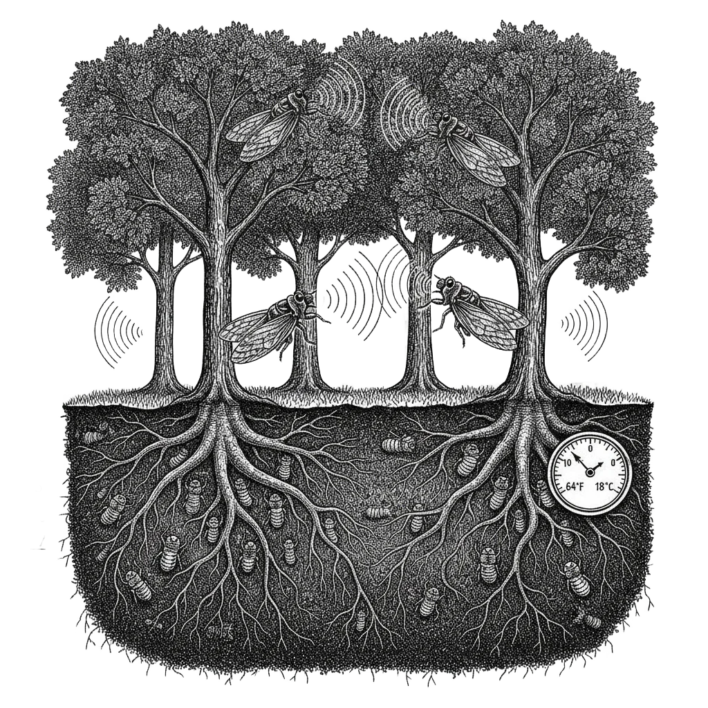 Cutaway illustration showing cicadas singing in trees above and nymphs clinging to tree roots underground, with a thermometer marking 64 degrees Fahrenheit and tally marks counting the years