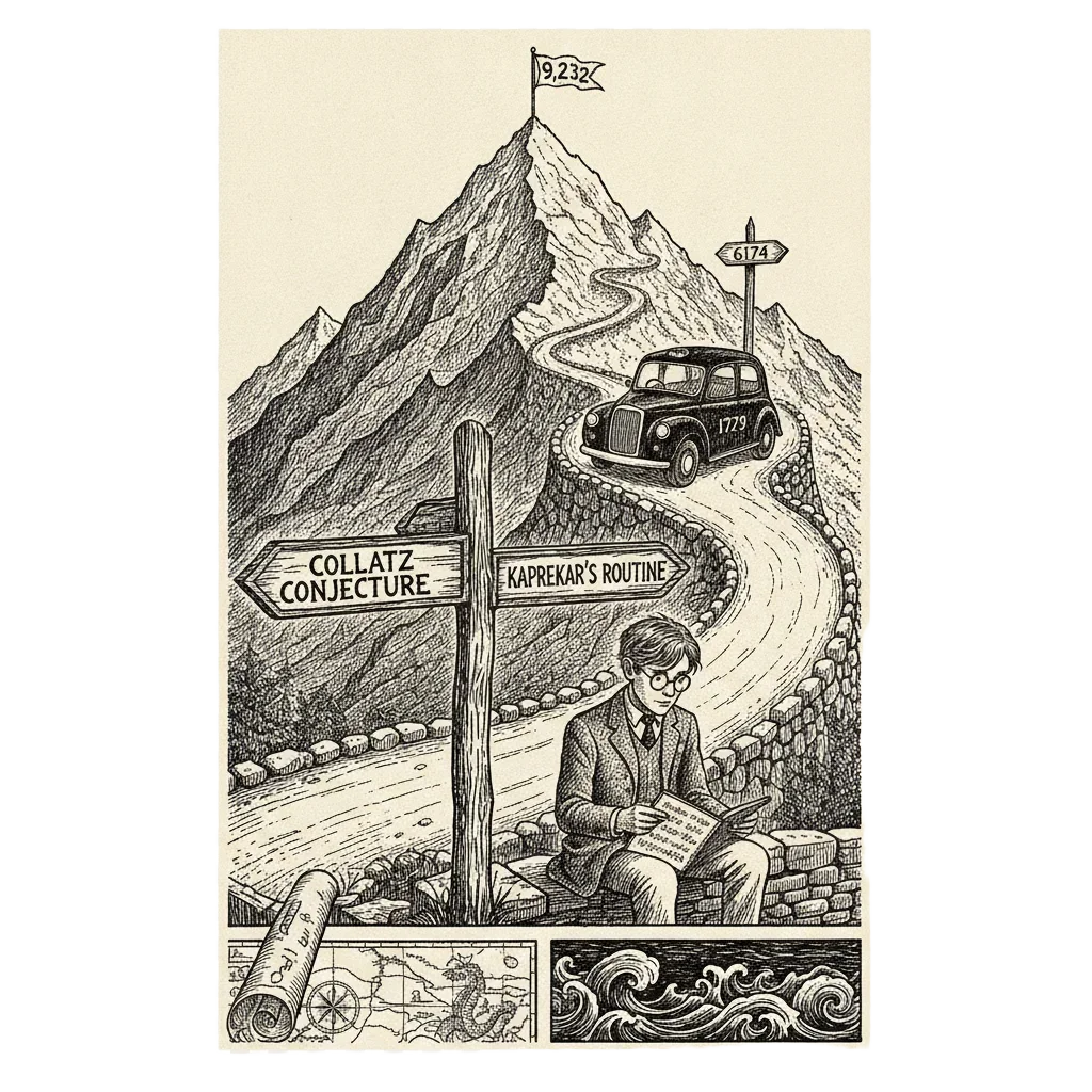 Final recap ink illustration combining the two-rule signpost, young Collatz with his notebook, the mountain journey of 27 with its 9232 summit, the 1729 taxi and 6174 signpost on the trail, and an old map with a dark ocean of unchecked numbers