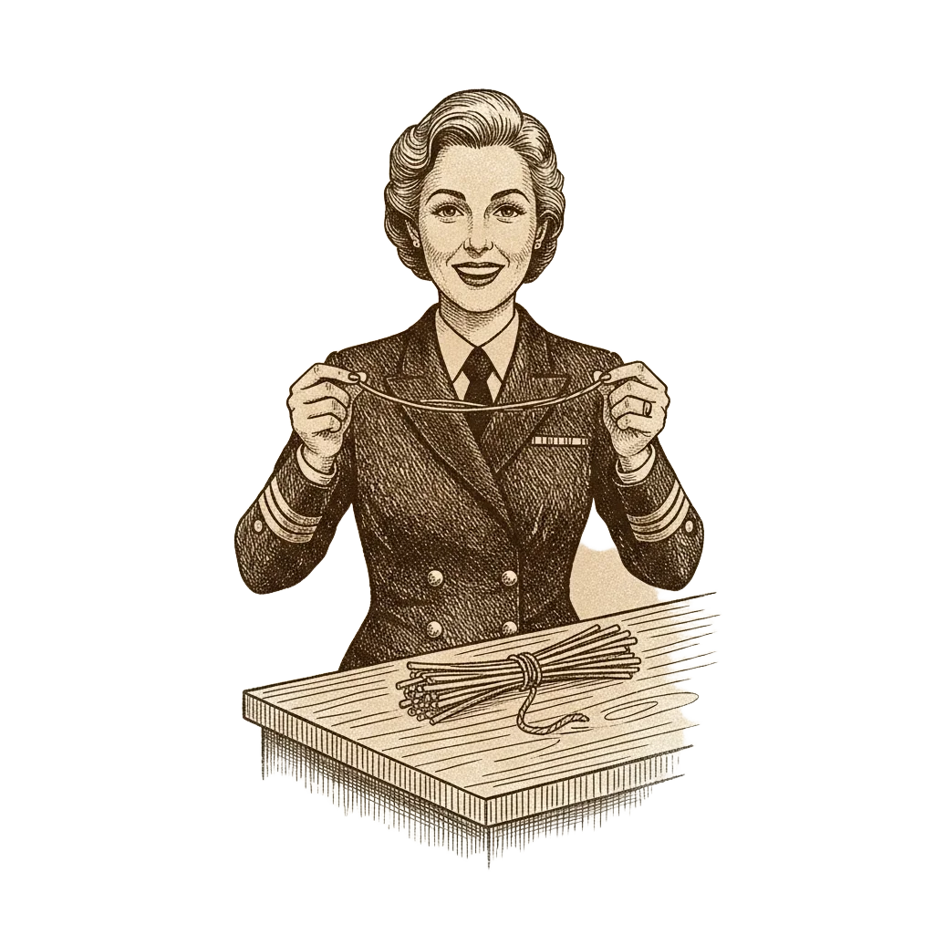 A smiling woman in a naval uniform holding up a short length of wire, a bundle of identical wires on the desk in front of her