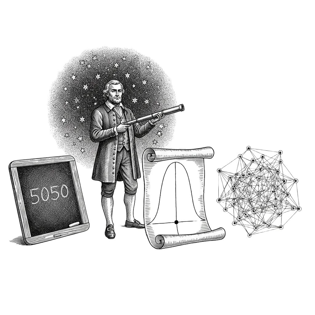 Timeline illustration moving from the child's slate reading 5050, to the adult Gauss with a telescope, to a bell curve, to a network of connected points