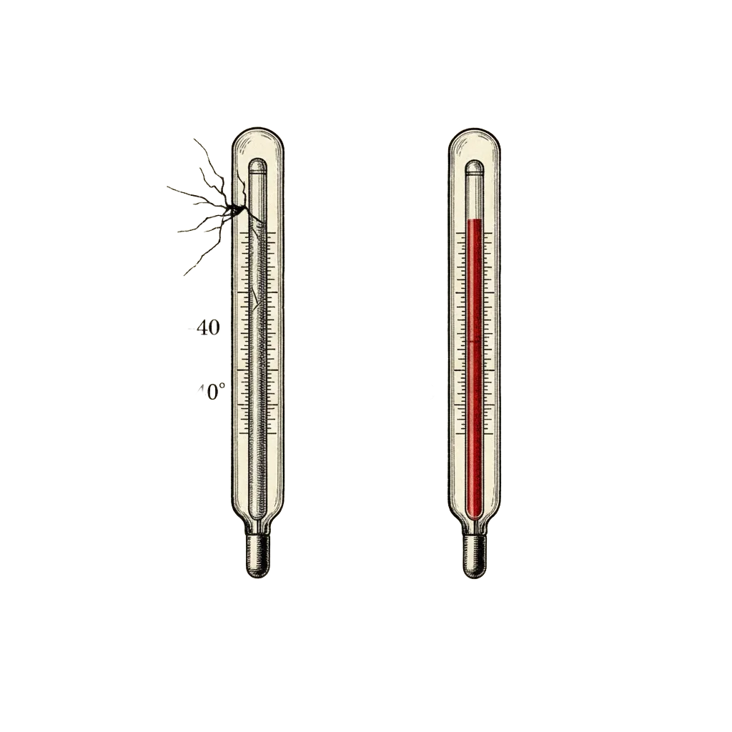 A mercury thermometer with its column frozen and cracked just above −40, next to a red alcohol thermometer happily reading −40