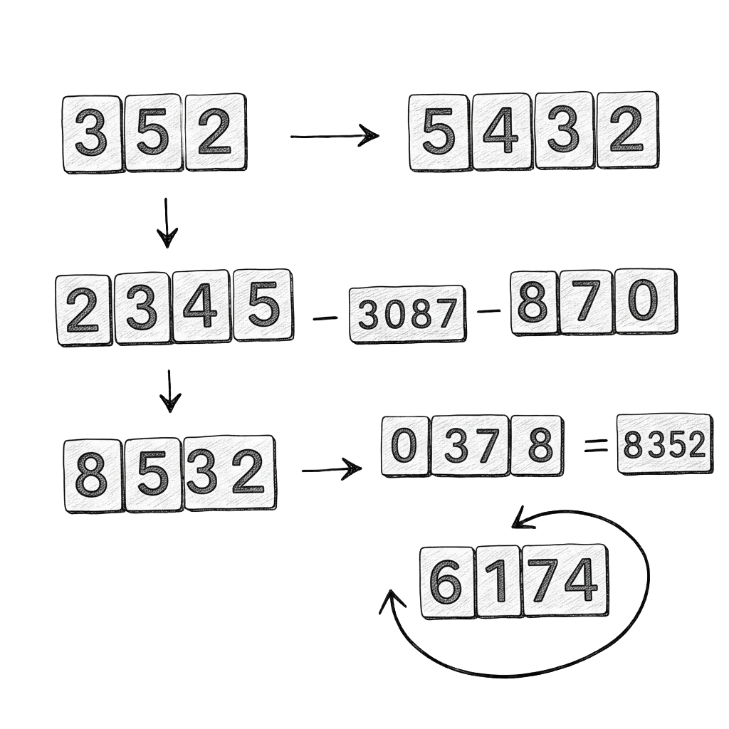 Step-by-step illustration of Scrabble-like digit tiles rearranging through the Kaprekar process from 3524 to 6174, with a loop arrow at the end