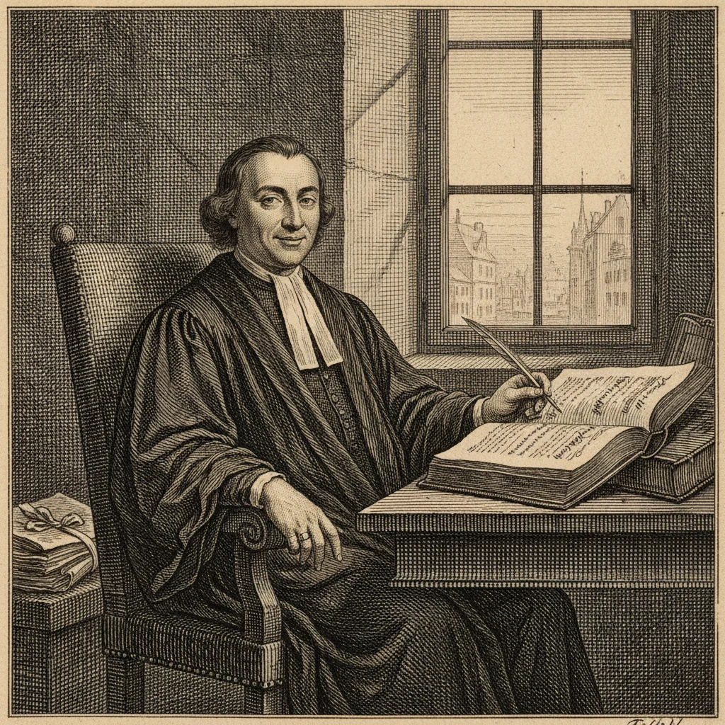 Fermat, a 17th-century French magistrate in dark robes, writing in the margin of a book by a window with a knowing half-smile