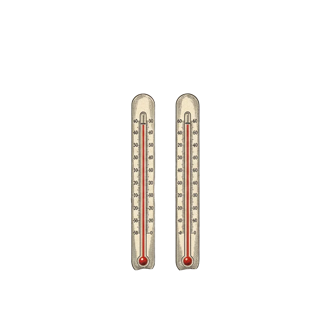 Frozen northern landscape at dawn with two thermometers in the snow, both reading −40, one marked °C and one marked °F
