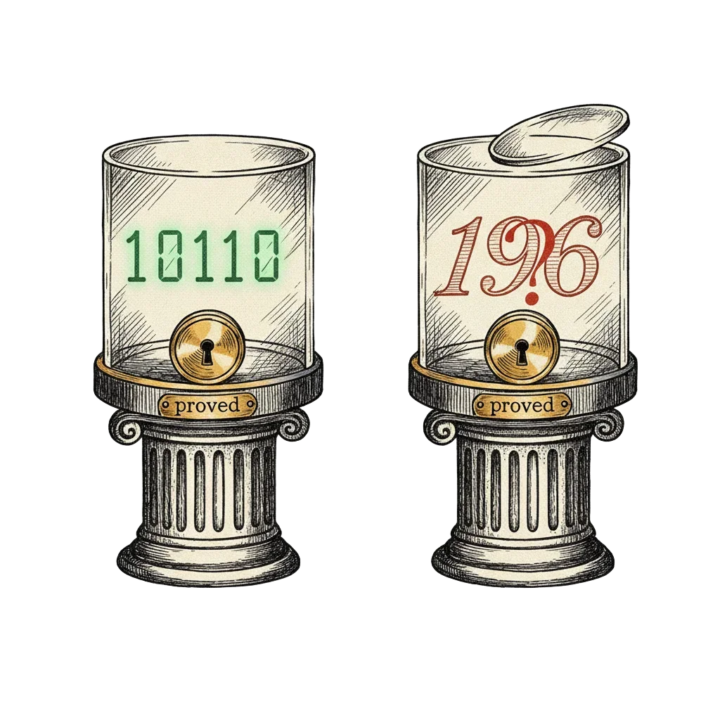 Binary number 10110 in a sealed glass museum case labeled proved; 196 in a matching case with a question mark on the lock