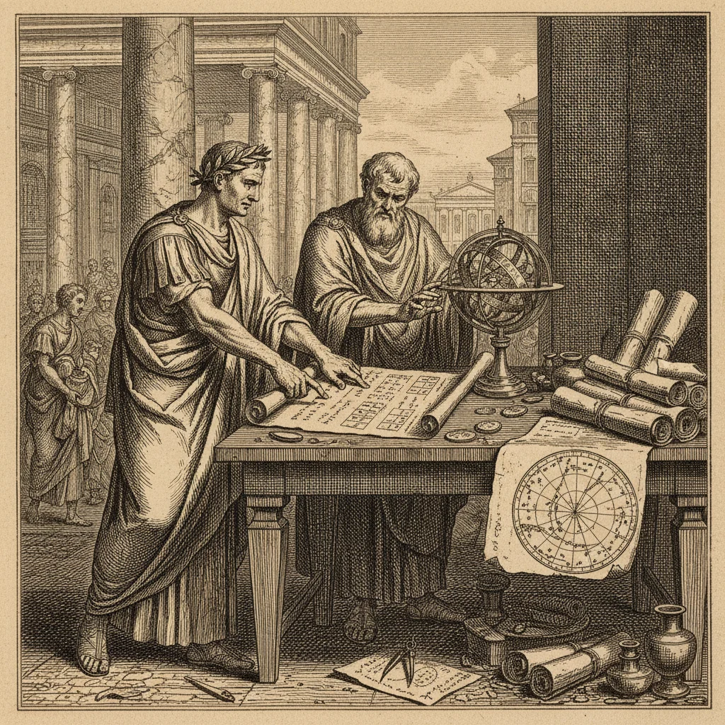 Julius Caesar and the astronomer Sosigenes leaning over a table of scrolls and star charts in a sunlit Roman colonnade