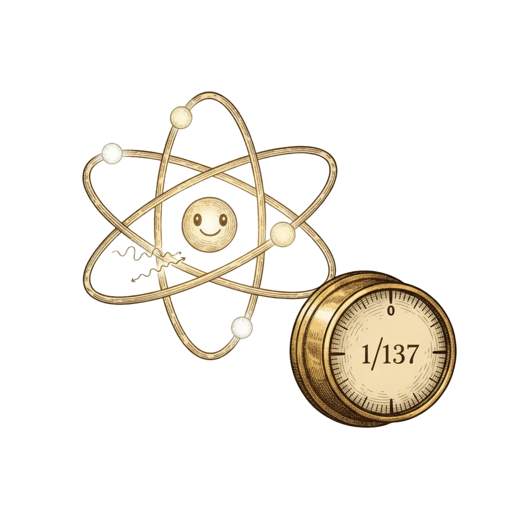 A friendly illustration of a glowing atom with an electron catching a photon, and a vintage volume knob labelled 1/137 turned low