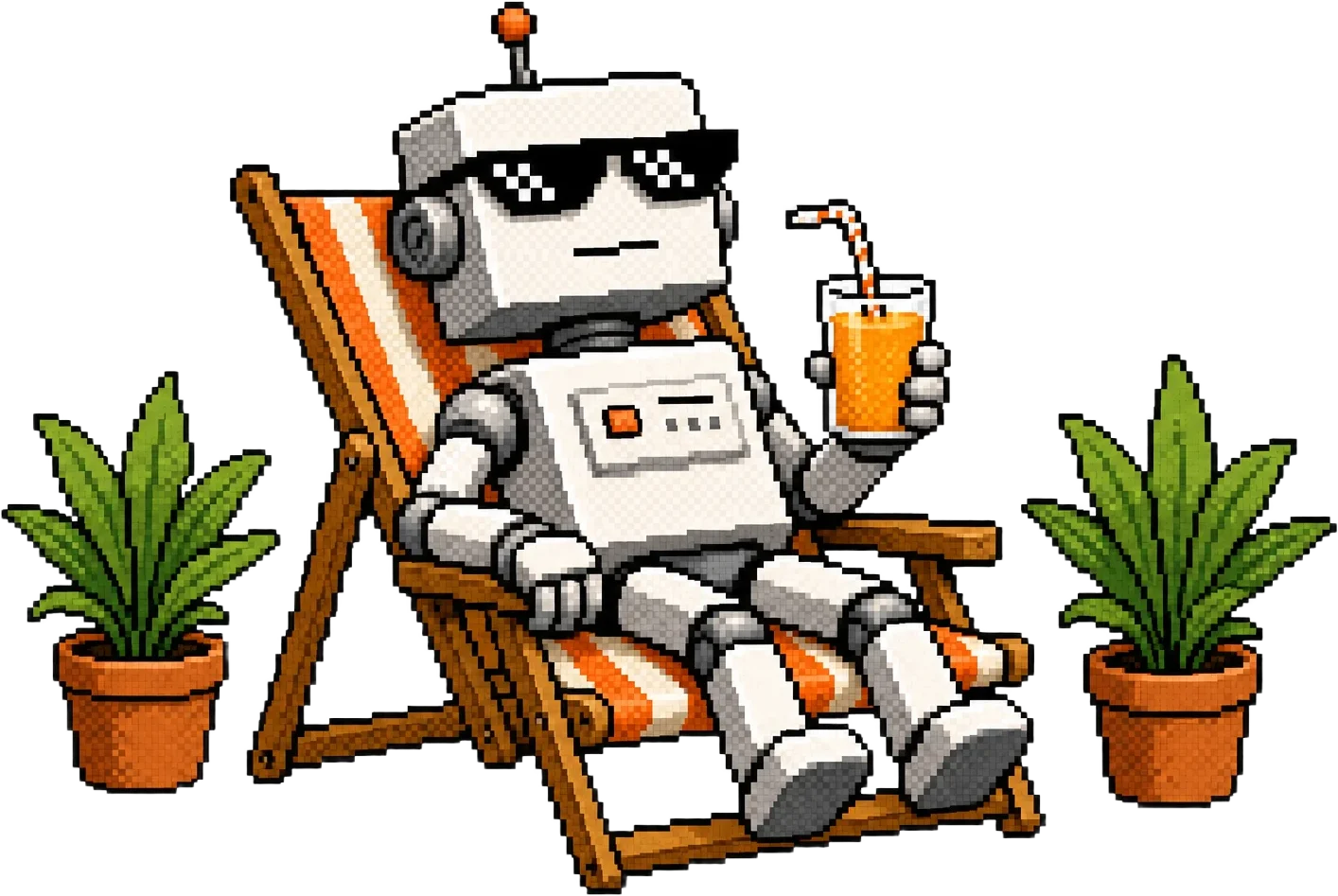 Pixel robot in sunglasses lounging on an orange deck chair between two plants
