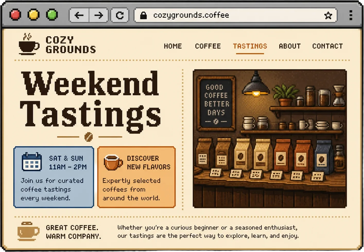 Pixel browser mockup of a generated coffee shop website