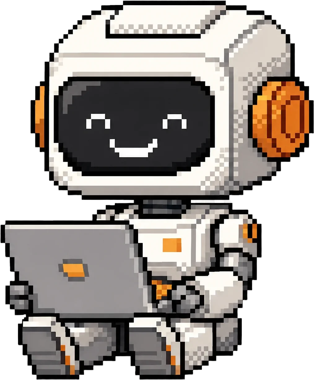 Pixel robot mascot holding a laptop