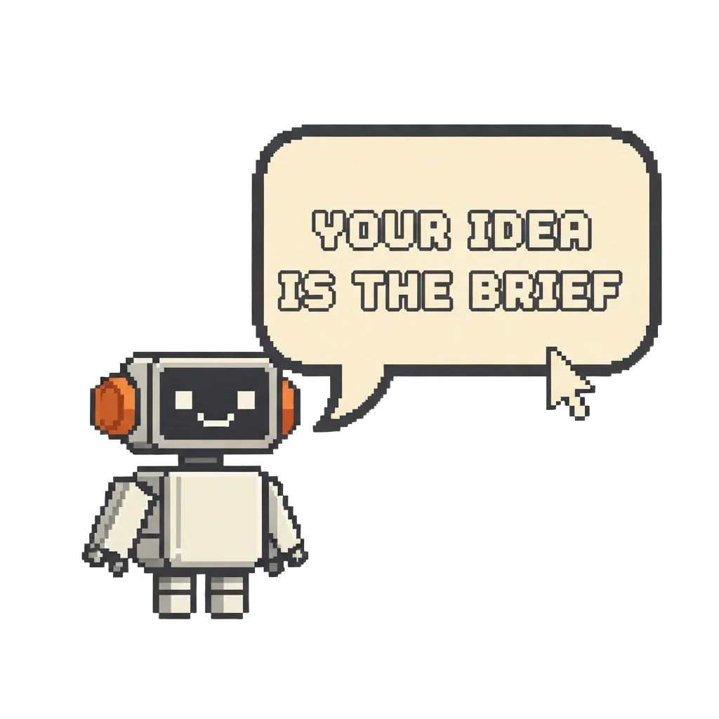 Pixel robot mascot with prompt speech bubble