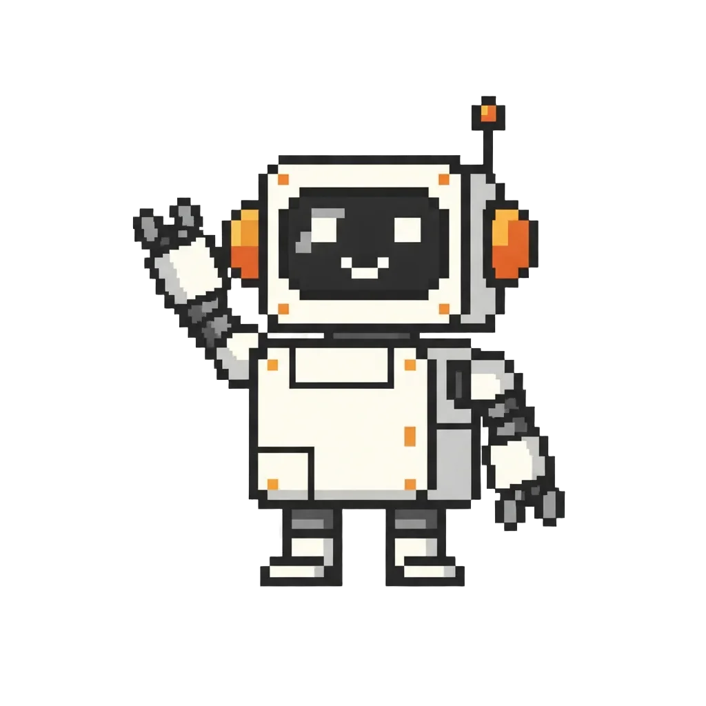 Pixel robot mascot waving