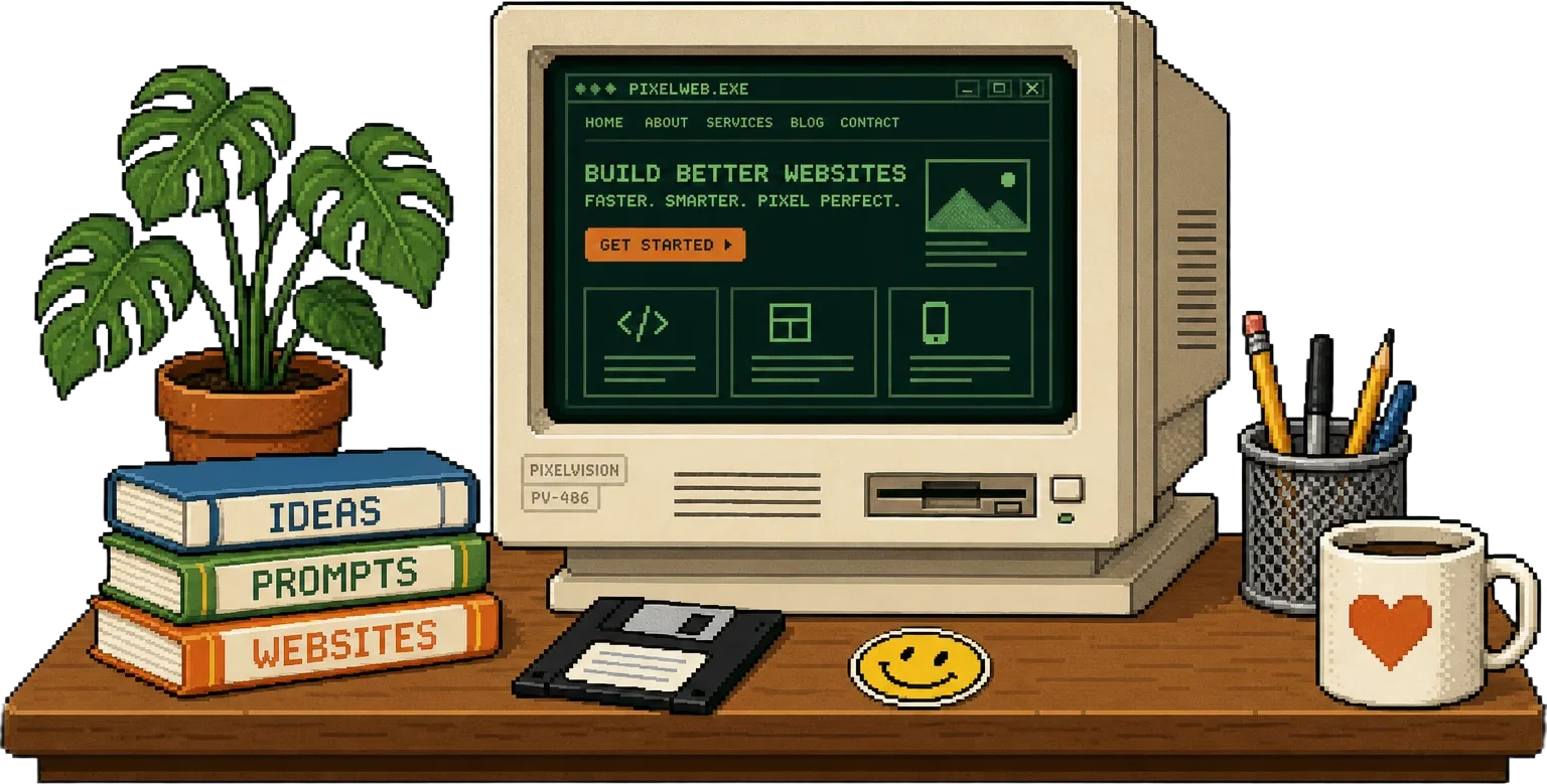 Pixel art desk scene with a beige CRT monitor showing a generated website, plants, books and a floppy disk