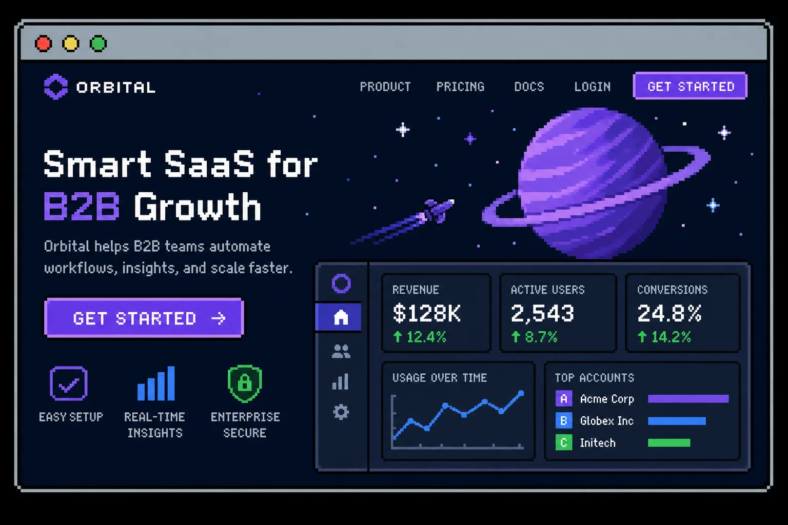 Pixel thumbnail of a dark navy B2B SaaS website