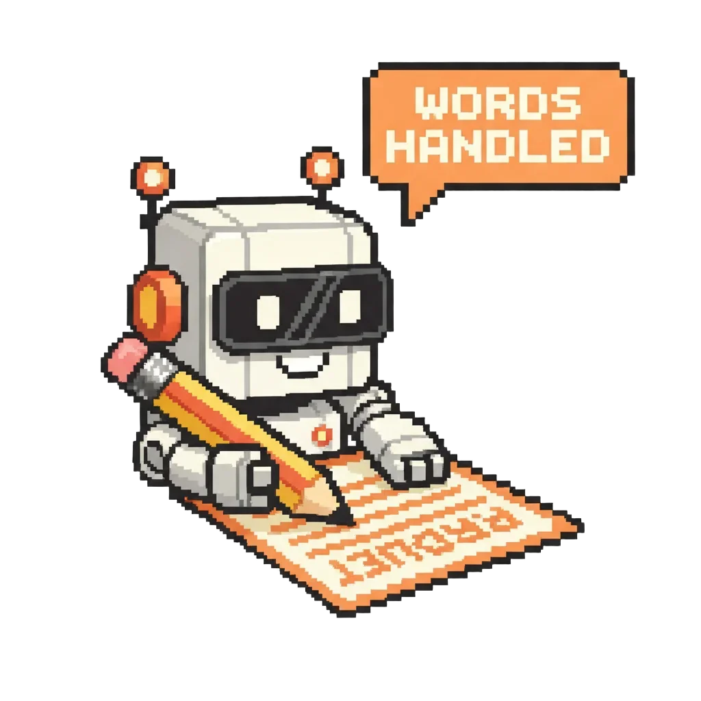 Pixel robot writing copy on a page