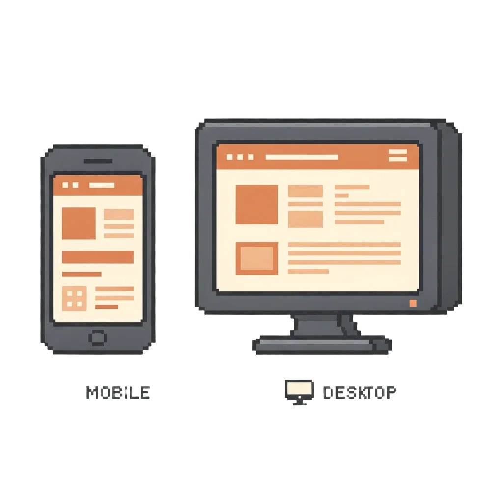 Pixel art desktop and mobile screen showing responsive layout