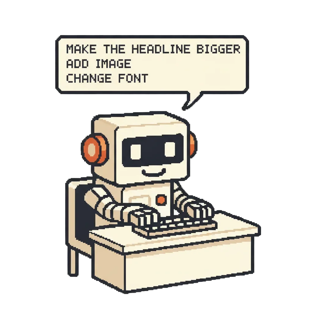 Pixel robot mascot editing website with plain language commands