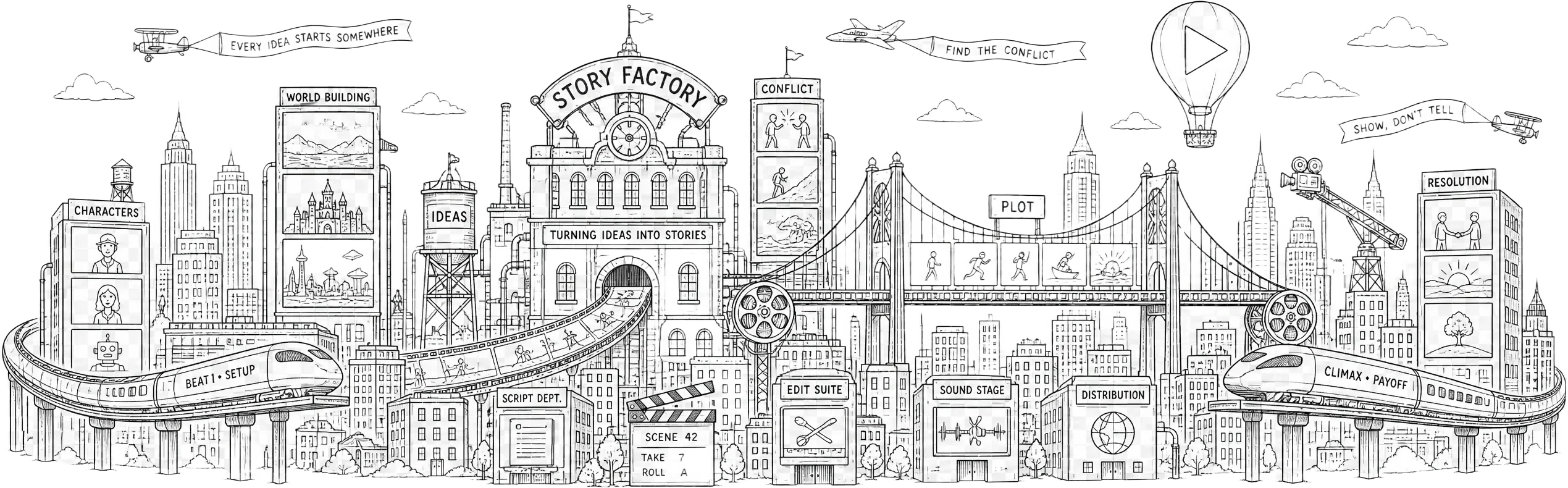 Whimsical story factory city illustration with storyboard panels and film frames in the skyline