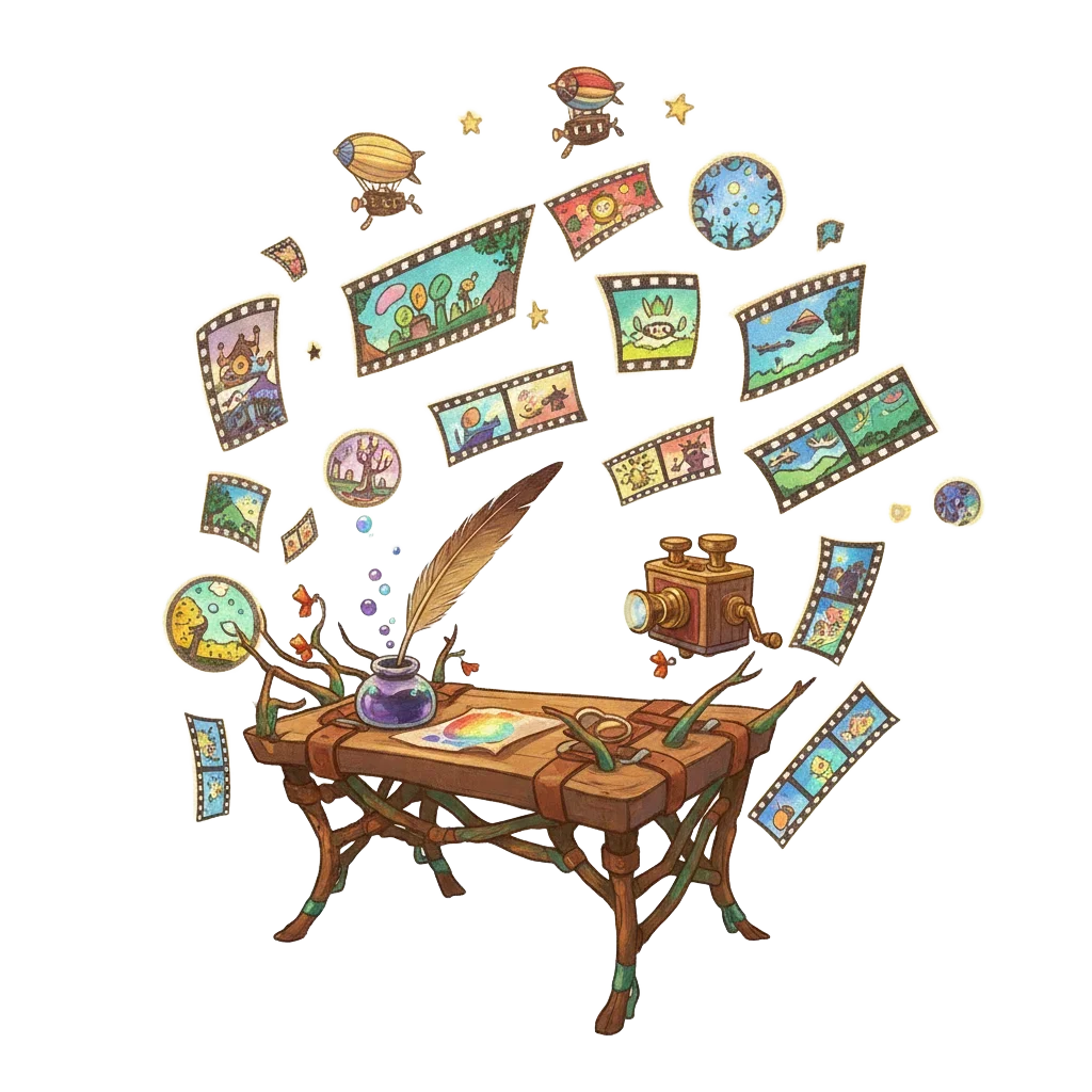 Whimsical filmmaker's desk with storyboard panels and film frames