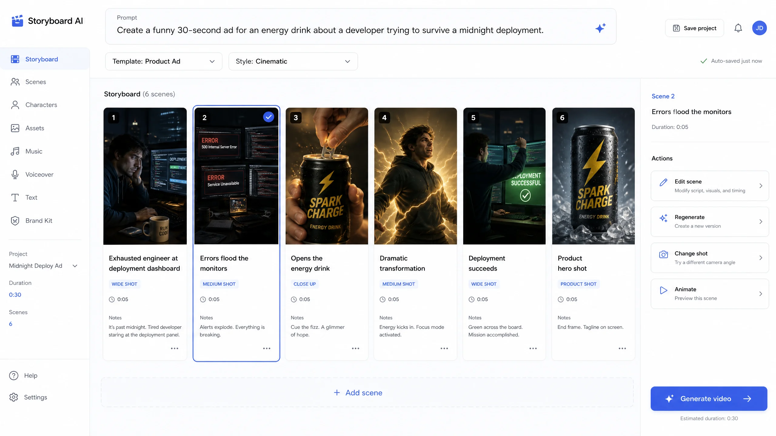 Magnetron.ai storyboard editor showing a product ad storyboard with scene cards and contextual actions