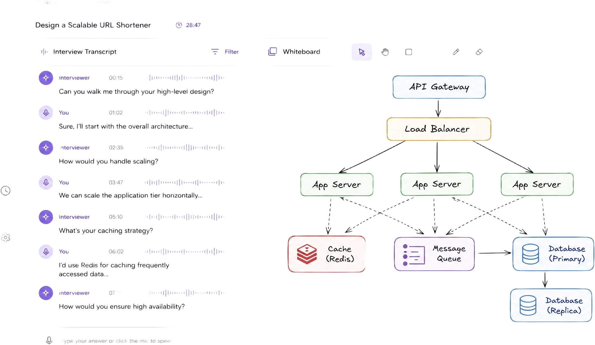 Effective Interviews product screenshot — voice interview and whiteboard diagram