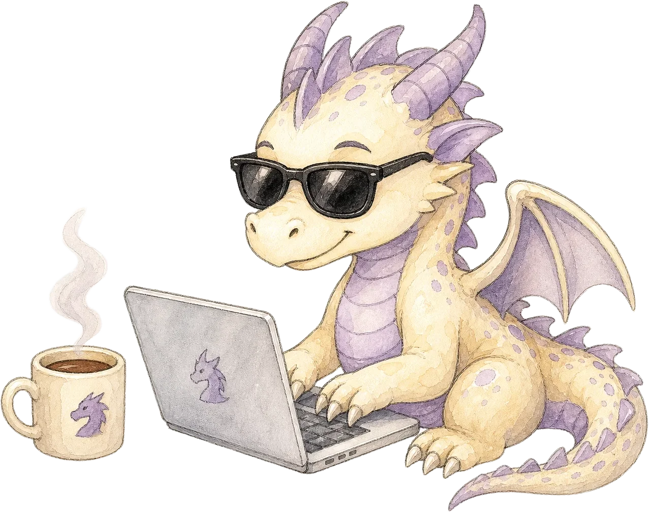 Watercolor cartoon dragon wearing sunglasses working on a silver laptop with a coffee cup