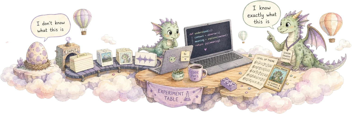 Hand-drawn watercolor panorama of a dragon training lab: before training, examples flowing into a laptop, and after training