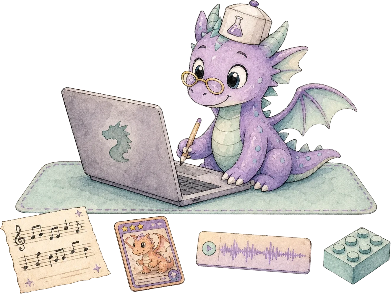 Watercolor scene of a tiny dragon in a lab hat training with a laptop, sheet music, a card, a waveform strip and a brick