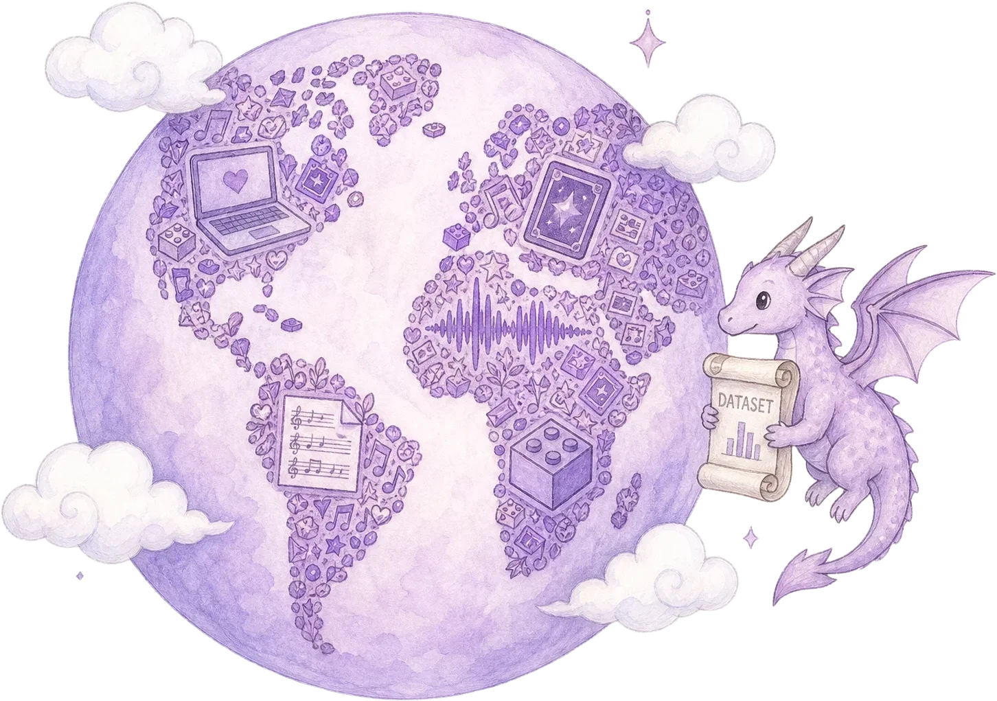 Purple watercolor globe whose continents are tiny laptop, sheet music, card, waveform and brick icons, with a small dragon drifting beside it