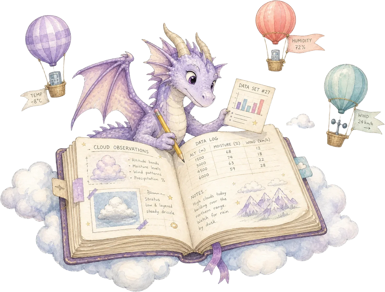 Watercolor open lab notebook floating on clouds with a small dragon holding a pencil and pastel data balloons drifting nearby